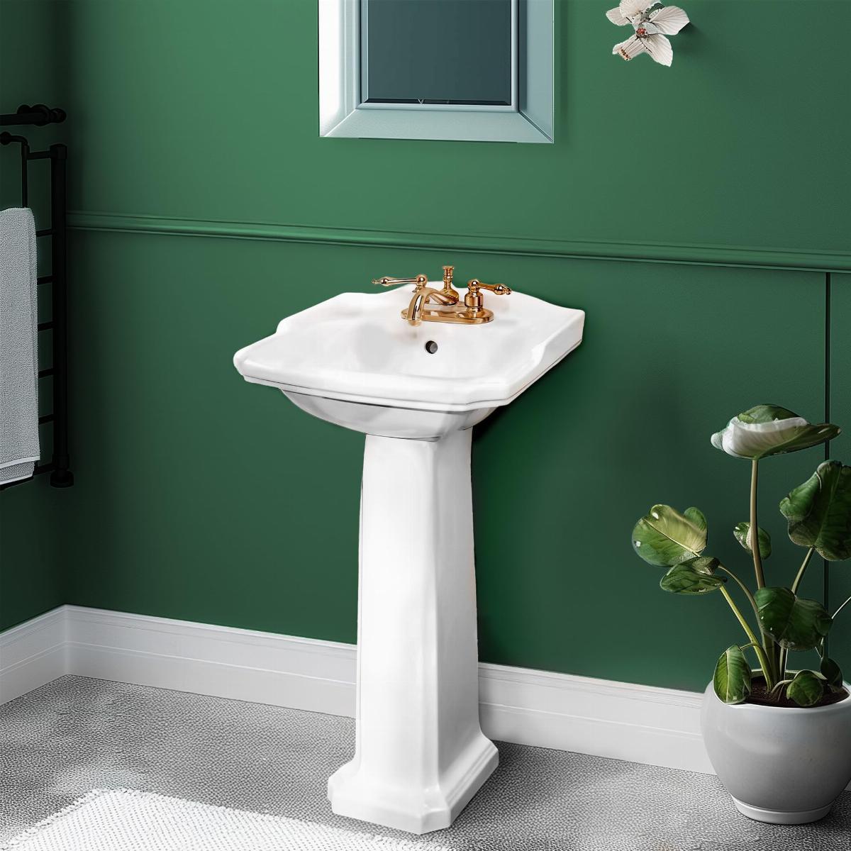 White Widespread Pedestal Sink with Faucet Holes and Overflow image-7