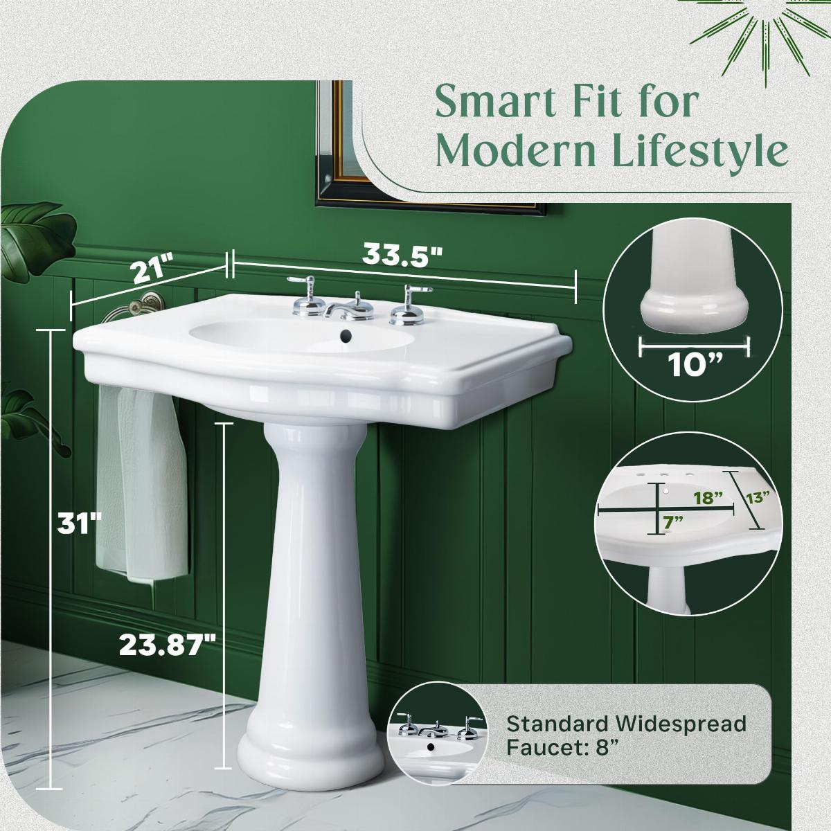 White Widespread Pedestal Sink with Faucet Holes and Overflow image-5