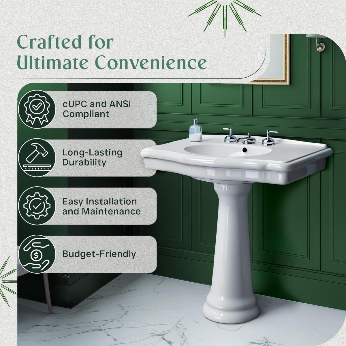 White Widespread Pedestal Sink with Faucet Holes and Overflow image-4