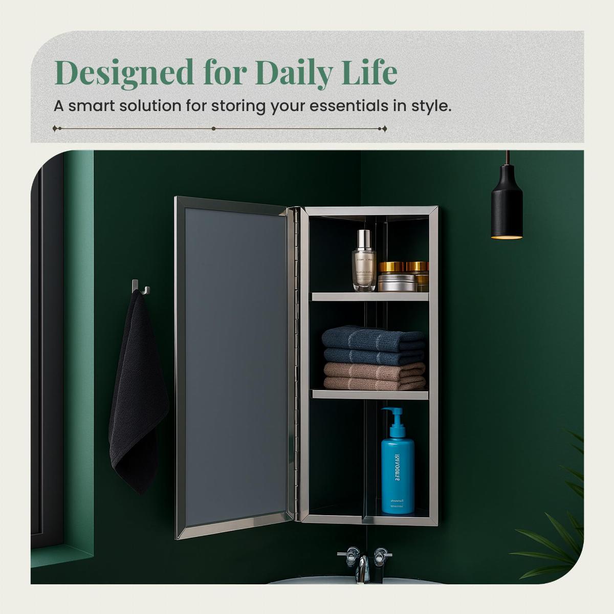 Wall Mount Corner Medicine Cabinet Brushed Stainless Steel with Mirror image-6
