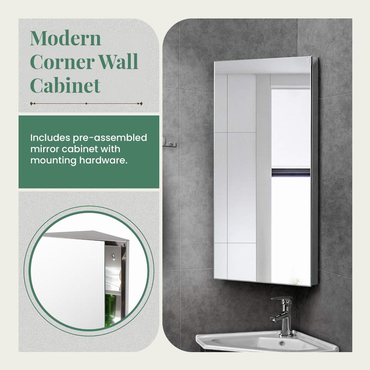 Wall Mount Corner Medicine Cabinet Brushed Stainless Steel with Mirror image-3