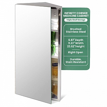 Wall Mount Corner Medicine Cabinet Brushed Stainless Steel with Mirror image-8