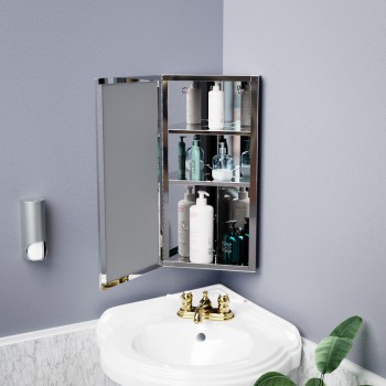 Wall Mount Corner Medicine Cabinet Brushed Stainless Steel with Mirror image-2