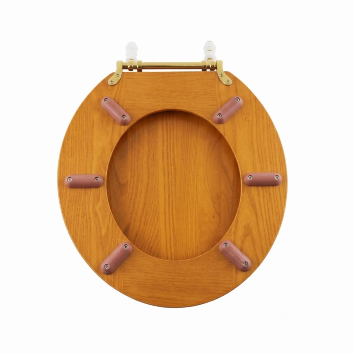 Wooden Round Shaped Light Oak Finish Toilet Seat with Brass PVD Hinges image-2