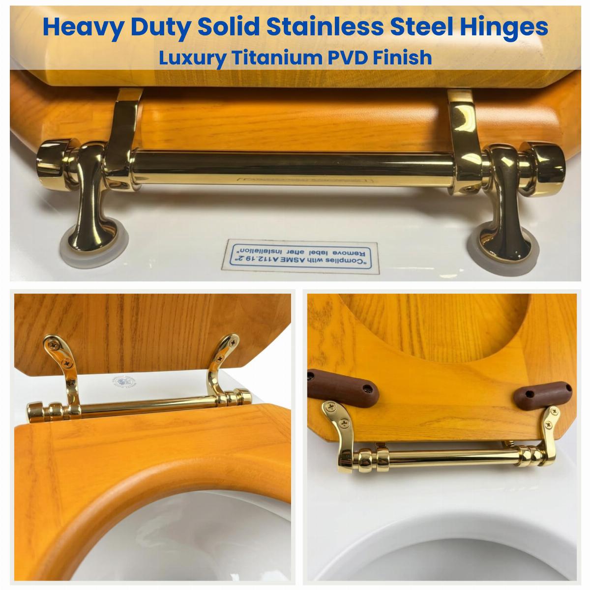 Wooden Round Shaped Light Oak Finish Toilet Seat with Brass PVD Hinges image-4