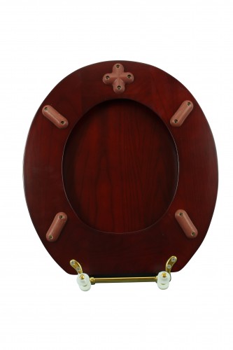 Cherry Finish Wooden Round Toilet Seat with Brass PVD Hinges and Stabilizers image-10