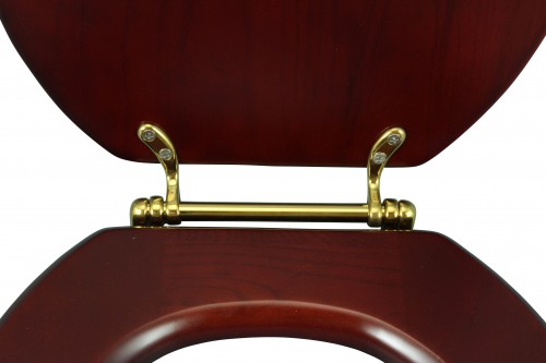 Cherry Finish Wooden Round Toilet Seat with Brass PVD Hinges and Stabilizers image-11