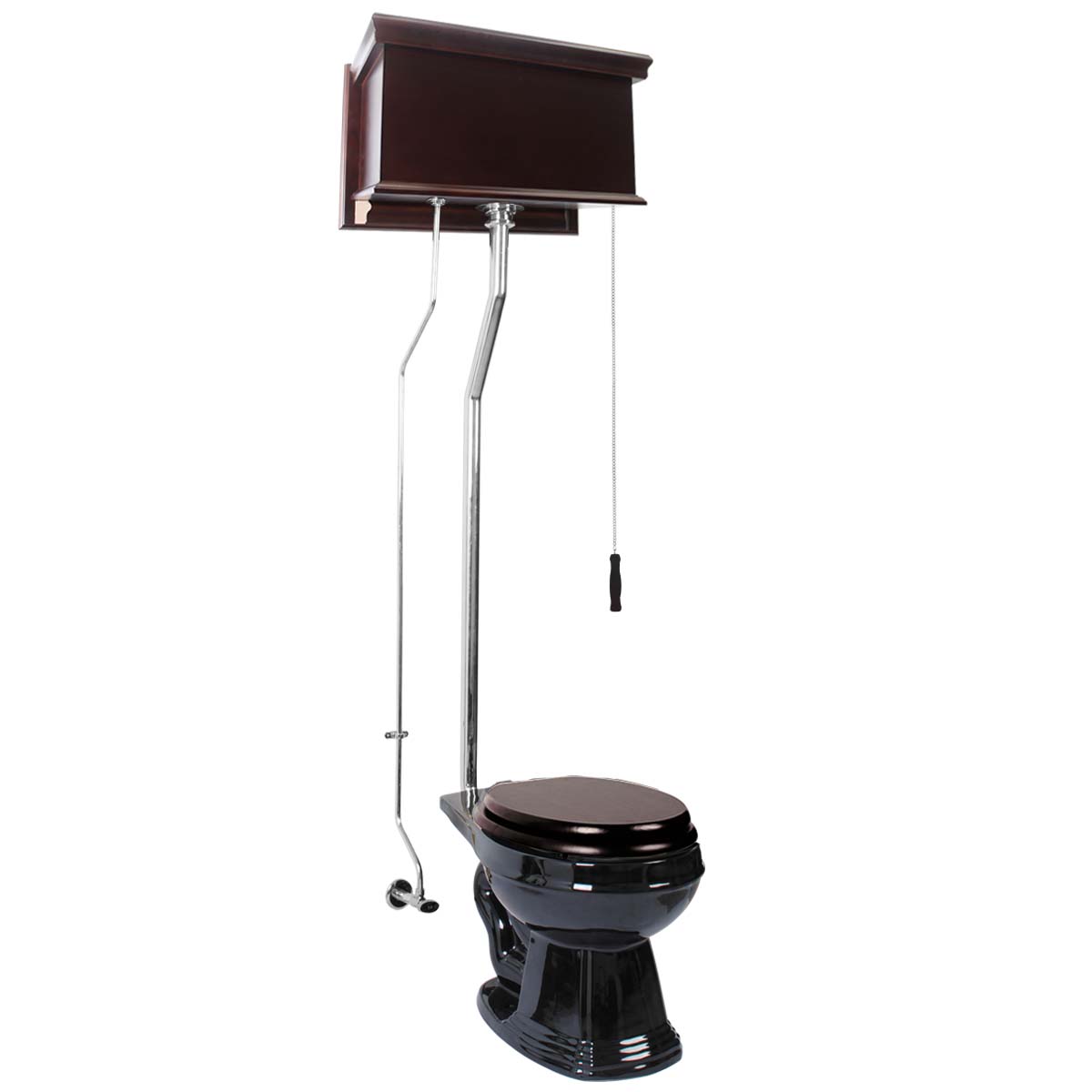 Dark Oak High Tank Pull Chain Toilet Black Round Chrome