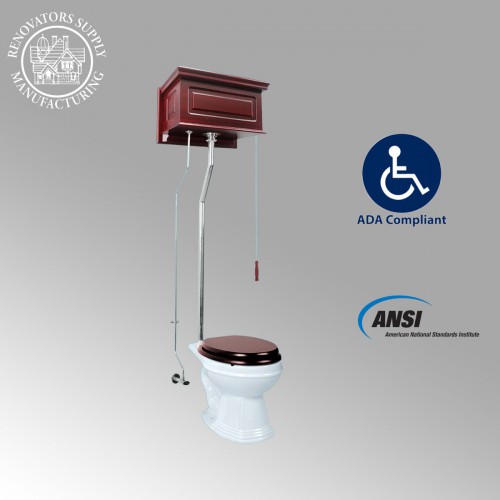 Antique Cherry Finish High Tank Pull Chain Toilet Wooden Raised Tank Elongated Rear Entry Porcelain Bowl And Chrome L Pipes Adjustable Height 70" - 74" image-4