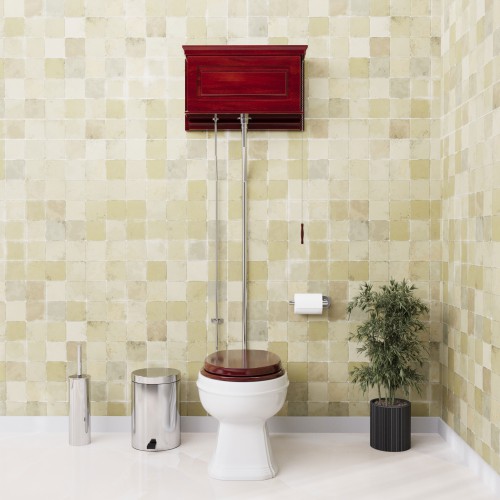 Antique Cherry Finish High Tank Pull Chain Toilet Wooden Raised Tank Elongated Rear Entry Porcelain Bowl And Chrome L Pipes Adjustable Height 70" - 74" image-2