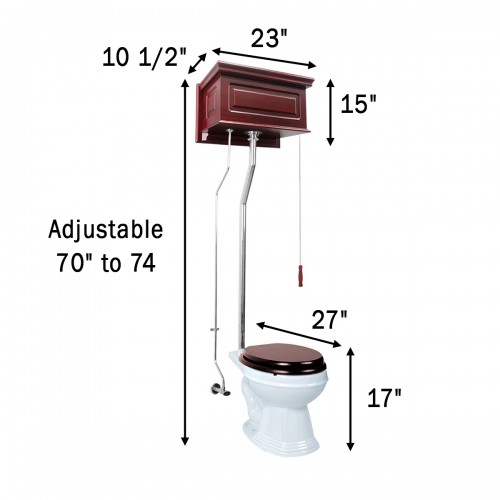 Antique Cherry Finish High Tank Pull Chain Toilet Wooden Raised Tank Elongated Rear Entry Porcelain Bowl And Chrome L Pipes Adjustable Height 70" - 74" image-11