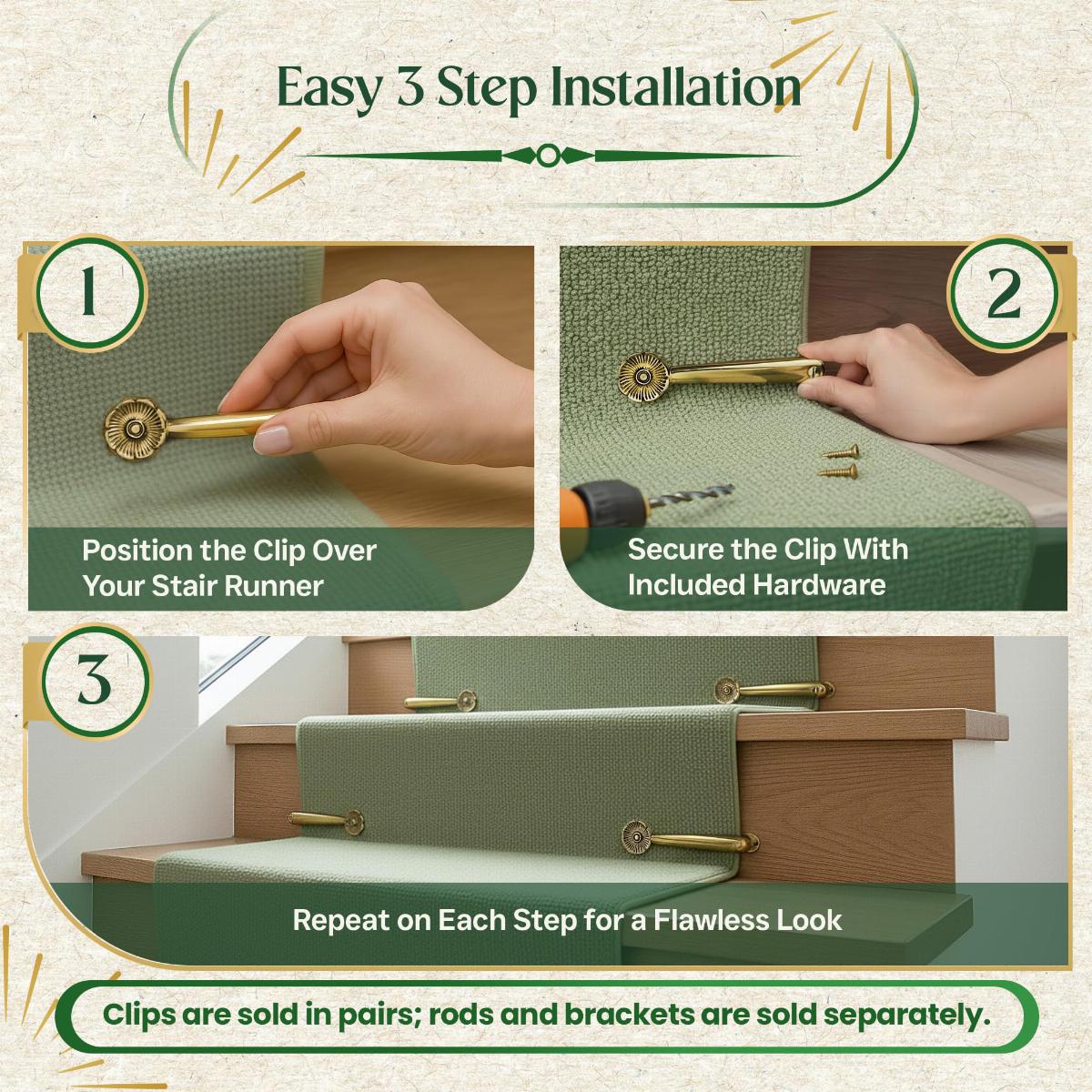 Stair Carpet Runner Holder Clips Floral Design Solid Cast Brass PVD Finish 5" L image-3