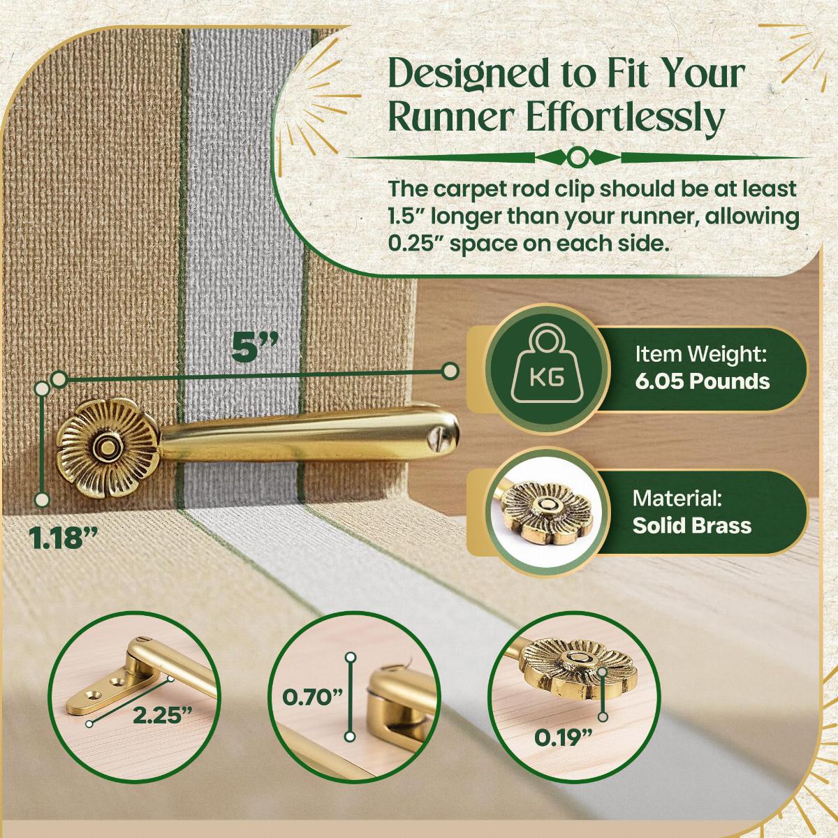 Stair Carpet Runner Holder Clips Floral Design Solid Cast Brass PVD Finish 5" L image-6