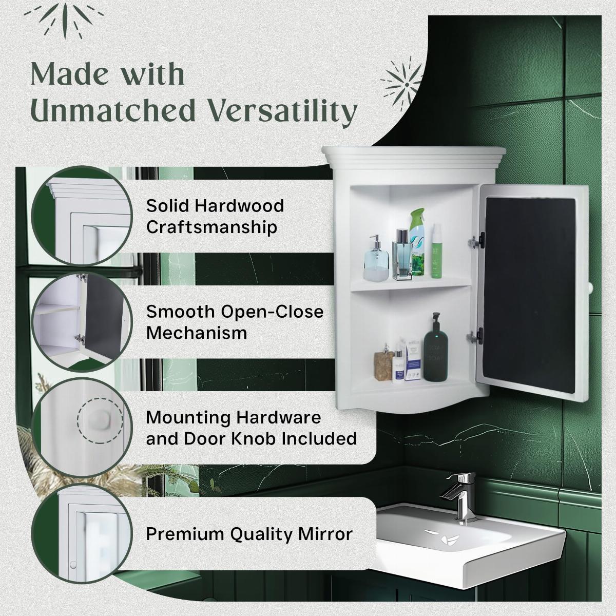 Bethpage Corner 20-1/8 in. W x 27-1/8 in. H Surface Wall Mount Wooden Medicine Cabinet in White with Mirror image-3