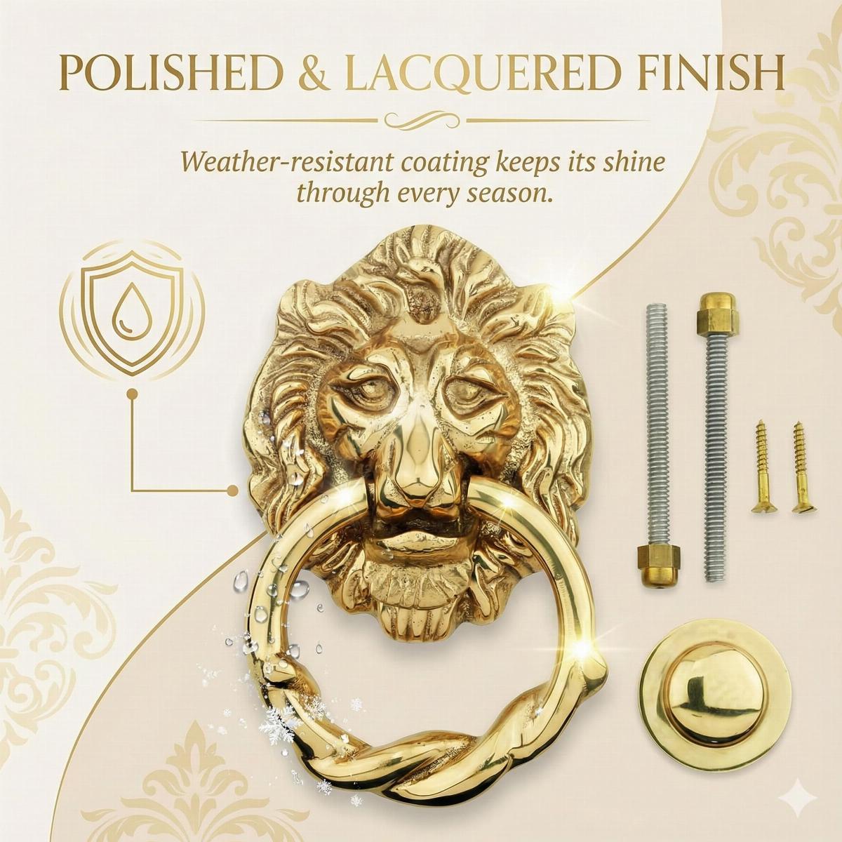 Brass Lion Front Door Knocker Solid Cast Lacquered Brass Finish Door Knocker image-2
