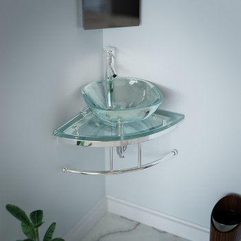 Talula 25" Corner Glass Wall Mounted Square Vessel Bathroom Sink with Faucet, Supply Lines, Towel Bar, P-Trap and Drain 