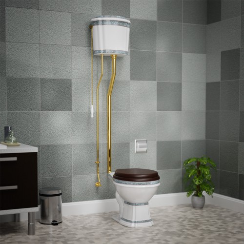 White Porcelain High Tank Toilet Green Trim Elongated Bowl Brass