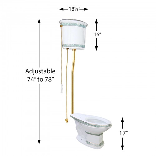 White Porcelain High Tank Toilet Green Trim Elongated Bowl Brass