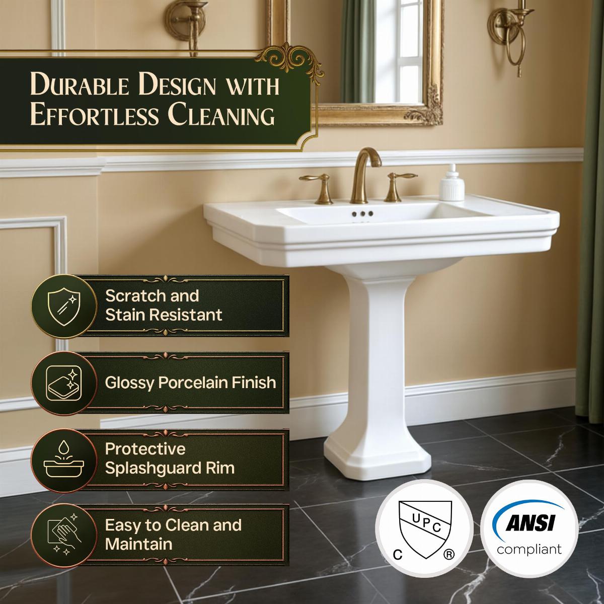 Victorian 32" Large Pedestal Bathroom Sink White with Overflow Heavy Duty Classic Design image-3