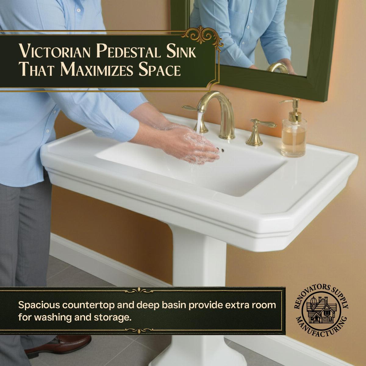 Victorian 32" Large Pedestal Bathroom Sink White with Overflow Heavy Duty Classic Design image-2