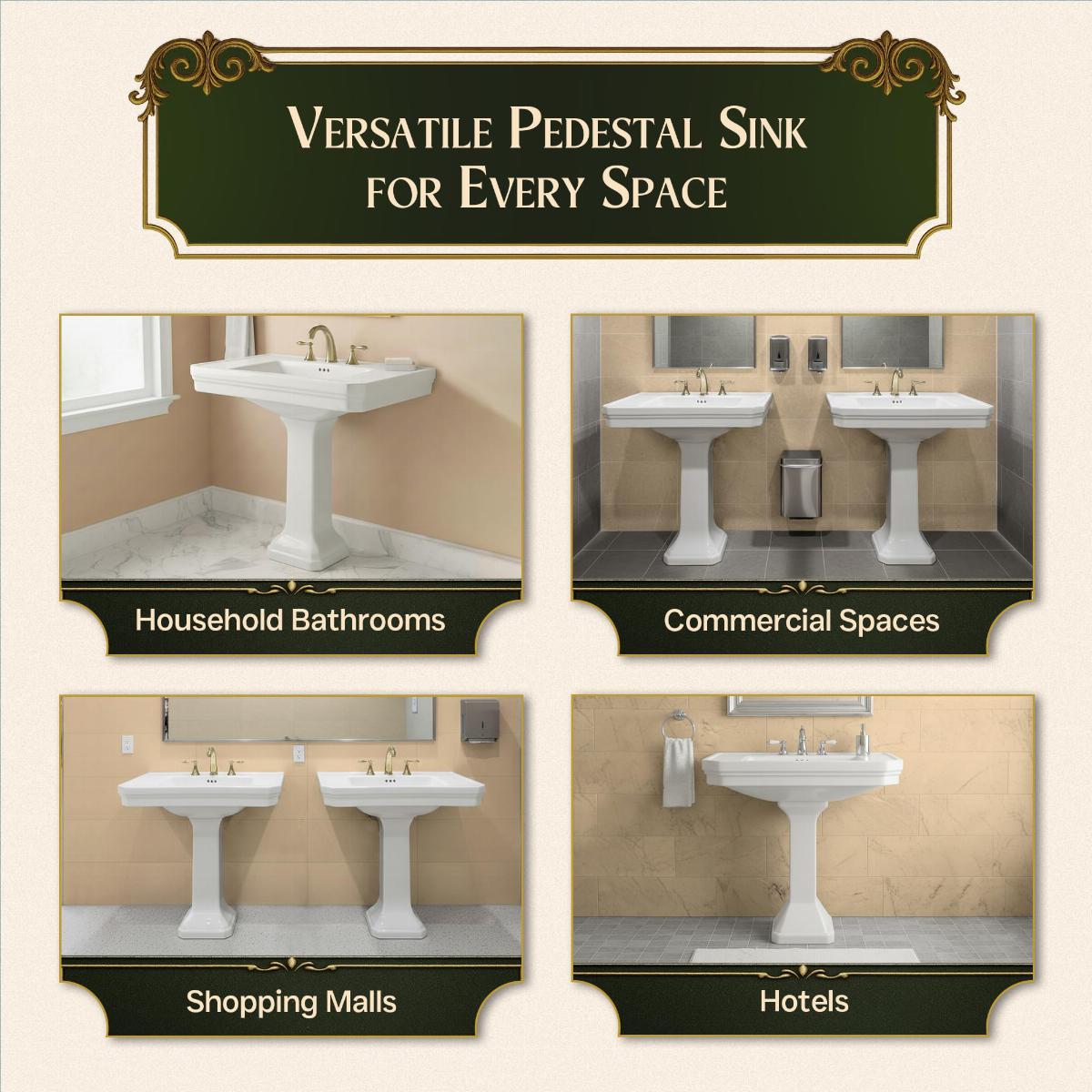 Victorian 32" Large Pedestal Bathroom Sink White with Overflow Heavy Duty Classic Design image-4