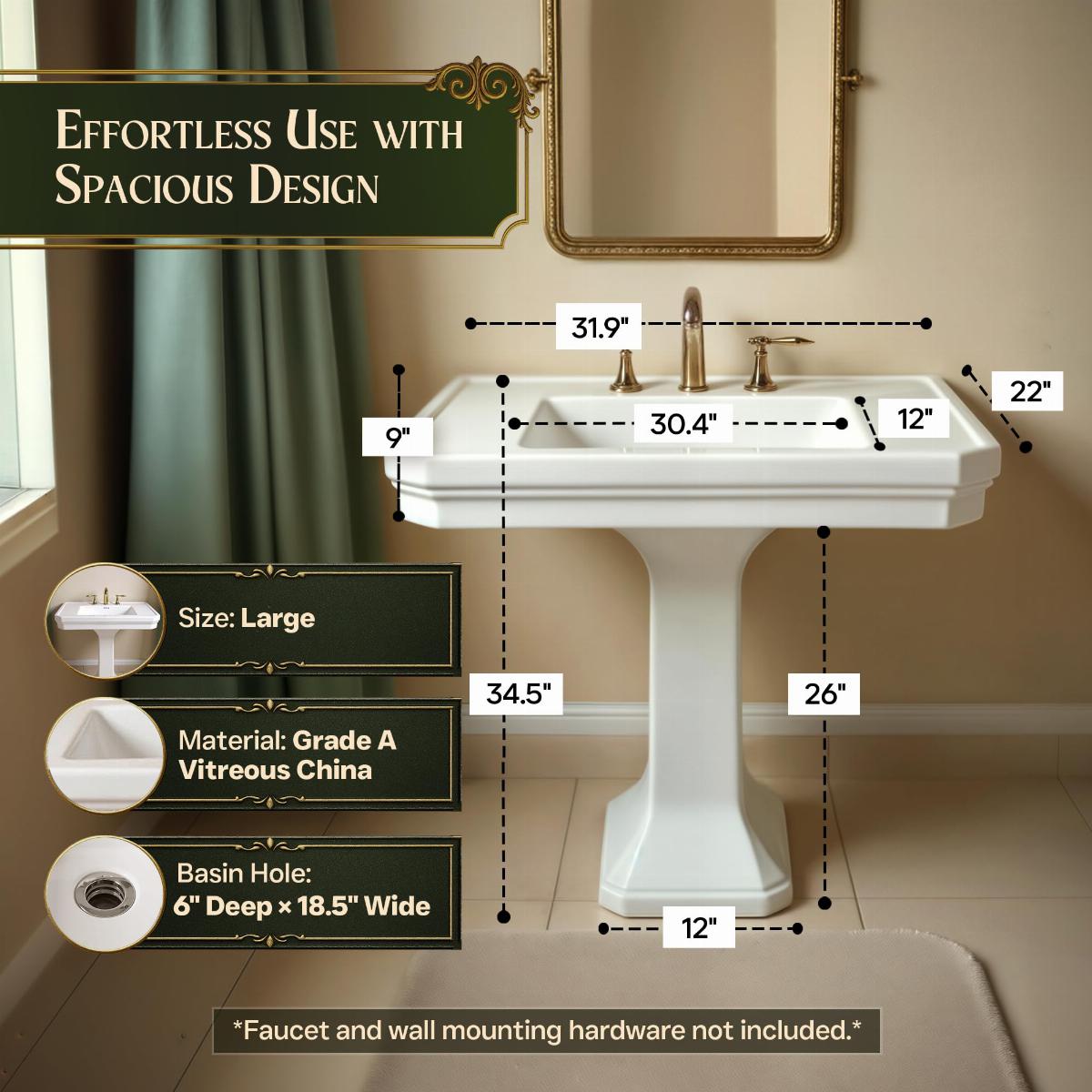 Victorian 32" Large Pedestal Bathroom Sink White with Overflow Heavy Duty Classic Design image-6