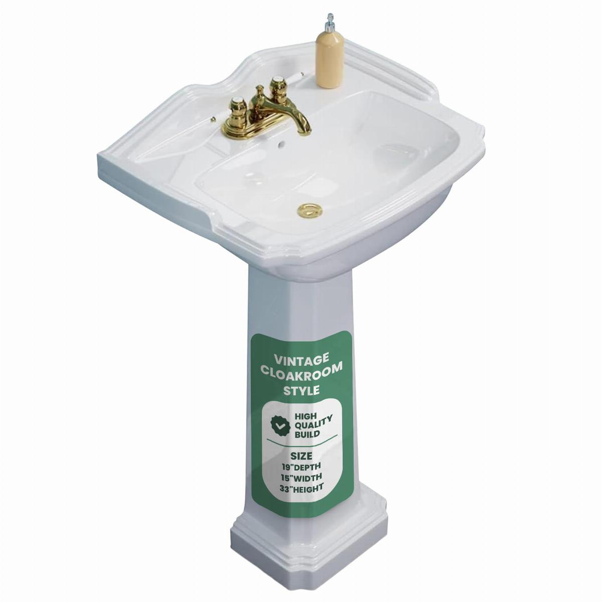 Cloakroom 19 inch Pedestal Bathroom Sink in White with Overflow image-2