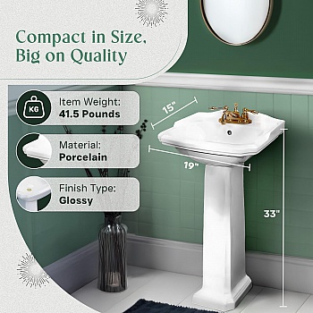Cloakroom 19 inch Pedestal Bathroom Sink in White with Overflow image-3