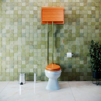 Light Oak High Tank Elongated White Bowl Pull Chain Toilet 