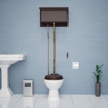 Dark Oak Finish High Tank Pull Chain Toilet Elongated White China Bowl 