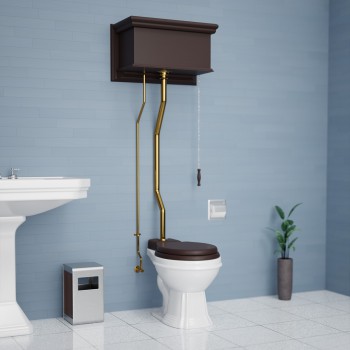 Dark Oak Finish High Tank Pull Chain Toilet Elongated White China Bowl image-2