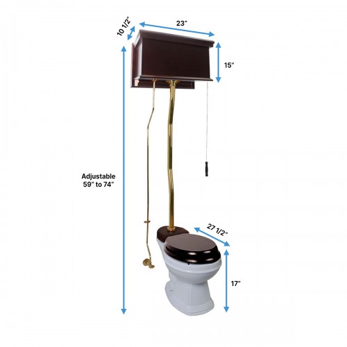 Dark Oak Finish High Tank Pull Chain Toilet Elongated White China Bowl image-9
