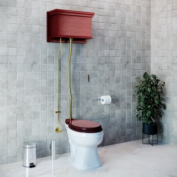 Cherry Finish High Tank Z-Pipe Toilet Elongated White Bowl 