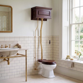 Dark Oak High Tank Pull Chain Elongated Toilet with White Bowl 