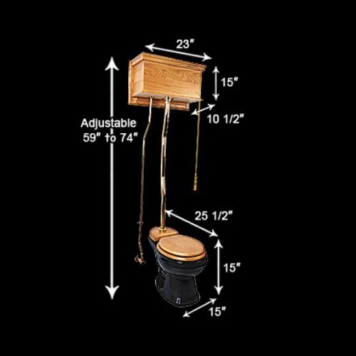 Light Oak Flat Panel High Tank Toilet with Round Black China Bowl image-8