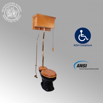 Light Oak High Tank Z-Pipe Toilet With Black Elongated Bowl image-2