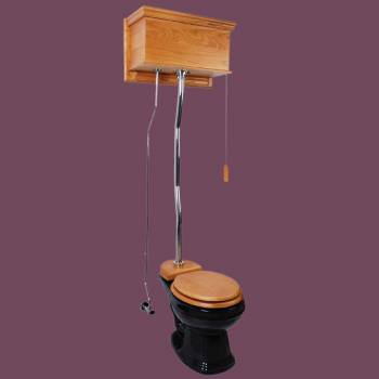 Light Oak Flat Panel Overhead Tank Toilet with Round Black China Bowl image-2