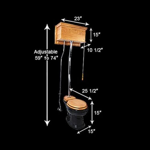 Light Oak Flat Panel Overhead Tank Toilet with Round Black China Bowl image-7