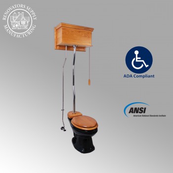Light Oak Flat Panel High Tank Pull Chain Toilet with Black China Elongated Toilet Bowl and Chrome Z-Pipe image-2