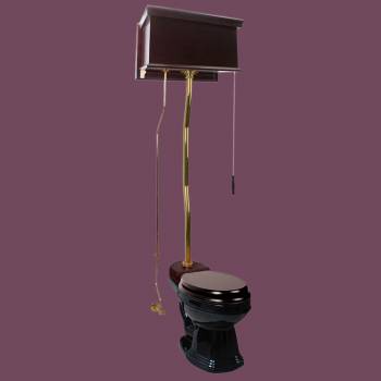 Dark Oak Flat Panel High Tank Toilet with Round Black China Bowl image-2