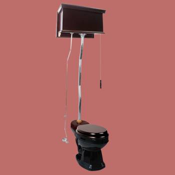 Dark Oak Flat Panel High Tank Toilet with Round Black China Bowl image-2