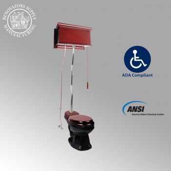 Cherry Wood Flat Panel Overhead Tank Toilet with Elongated Black China image-2