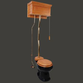 Light Oak High Tank Toilet with Round Black China Bowl image-2