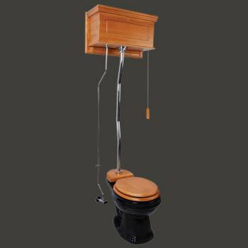 Light Oak High Tank Toilet with Round Black China Bowl image-2