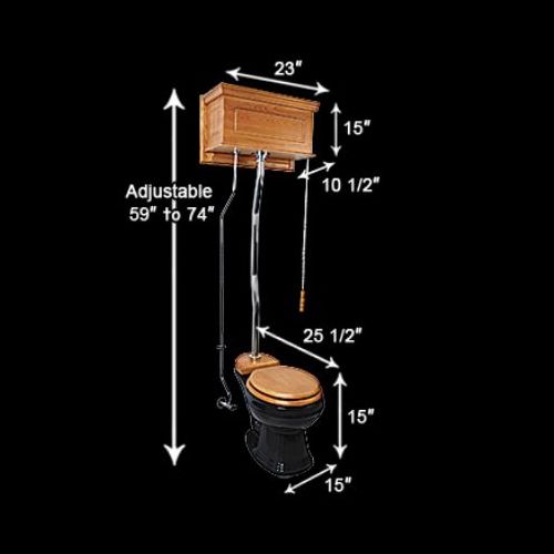 Light Oak High Tank Toilet with Round Black China Bowl image-6