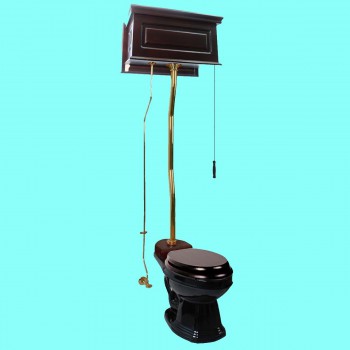 Dark Oak High Tank Toilet with Elongated Black China Bowl image-2