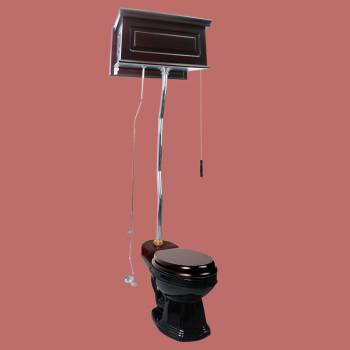 Dark Oak Overhead Tank Toilet with Round Black China Bowl image-2
