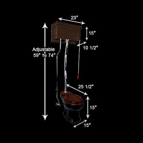 Dark Oak Overhead Tank Toilet with Round Black China Bowl image-6
