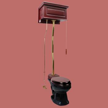 Cherry Wood Overhead Tank Toilet with Round Black China Bowl image-2