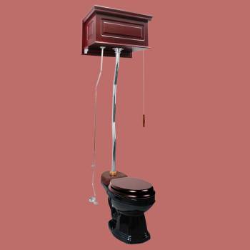 Cherry Wood Overhead Tank Toilet with Round Black China Bowl image-2